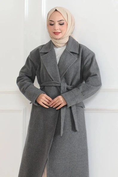 Kadın Kaşe Kaban – Uzun Boy Kruvaze Yaka Kuşaklı Tesettür Kaşe Kışlık Kaban, Astarlı Şık Yünlü Dokuma Oversize Rahat Kal - Resim 4