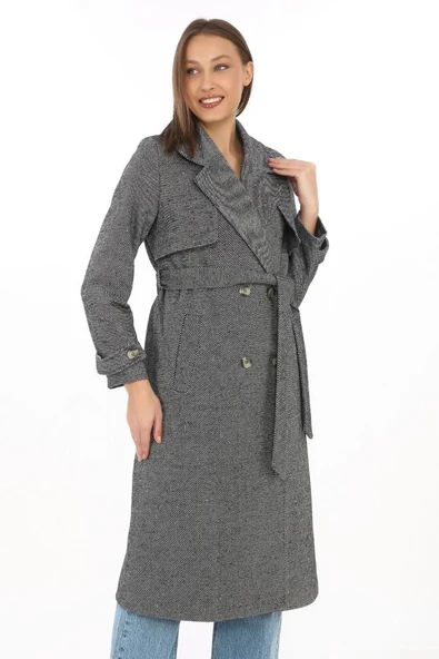 Kadın Uzun Kaşe Kaban – Balık Sırtı Dokuma Kaşmir Kumaş, Kruvaze Yaka, Kuşaklı Cepli Model, Oversize Rahat Kalıp - Boyal - Resim 8