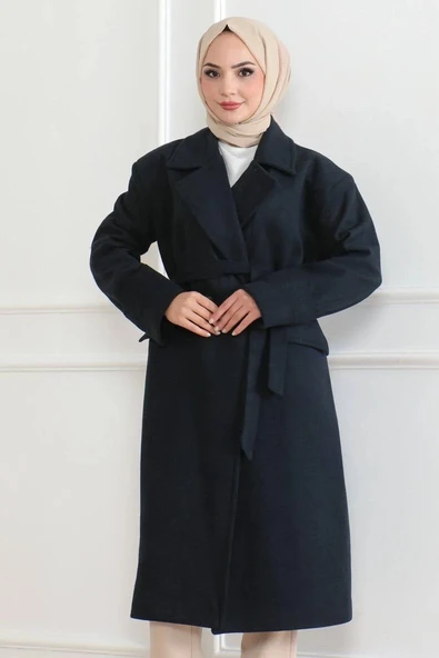 Kadın Kaşe Kaban – Uzun Boy Kruvaze Yaka Kuşaklı Tesettür Kaşe Kışlık Kaban, Astarlı Şık Yünlü Dokuma Oversize Rahat Kal - Resim 5