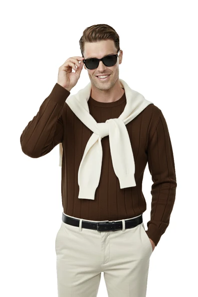 DeepSEA Dar Kesim Likralı Erkek Triko Kazak – Bisiklet Yaka Şık Tasarım 2605433 - Resim 4