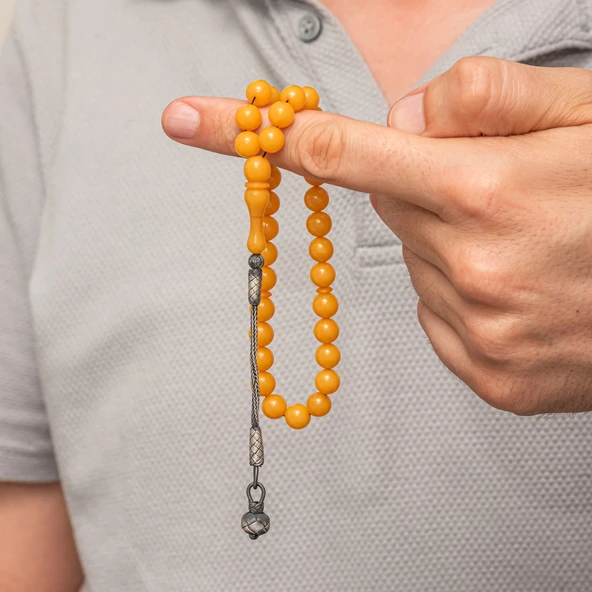 Gümüş Top Kazaz Püsküllü Sarı Yuvarlak Sıkma Kehribar Tesbih - Resim 3