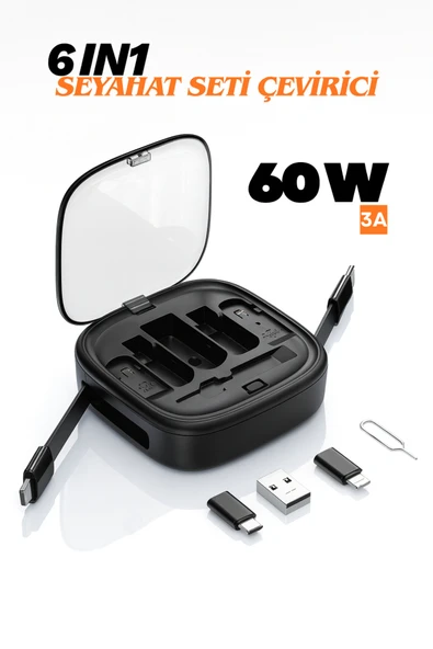 6 IN1 Çok İşlevli Seyahat Seti Çevirici Makaralı C Tipi C/Mikro/iOS ile USB Adaptör Kiti 60W ürün görseli 1