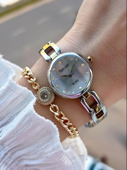 Ferrucci Küçük Vintage Kasa Çelik Kordon 2 Yıl Garantili 3 Atm Kadın Kol Saati+Bileklik FY.03644.3 ürün görseli