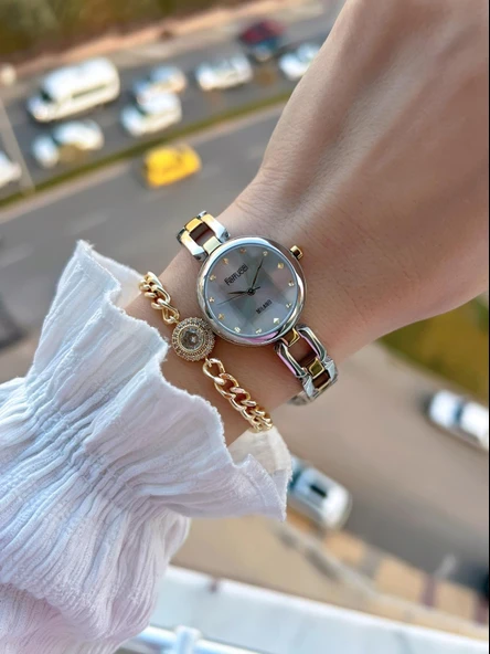 Ferrucci Küçük Vintage Kasa Çelik Kordon 2 Yıl Garantili 3 Atm Kadın Kol Saati+Bileklik FY.03644.3 - Resim 3