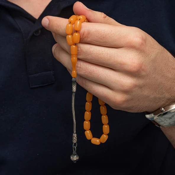 Gümüş Top Kazaz Püsküllü Kapsül Kesim Sıkma Kehribar Tesbih - Resim 4