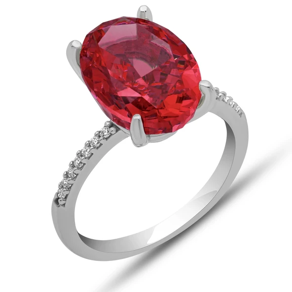 Gümüş Ice Cut Oval Kırmızı Zirkon Taşlı Kadın Yüzük ürün görseli