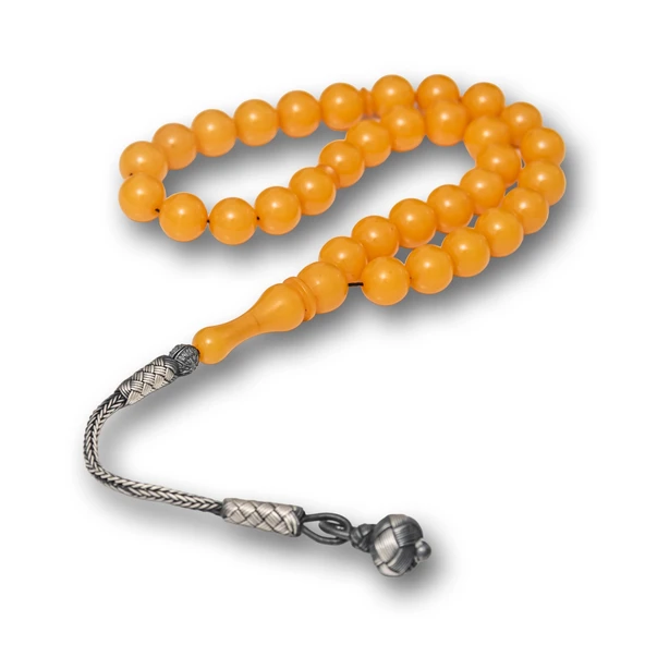 Gümüş Top Kazaz Püsküllü Sarı Yuvarlak Sıkma Kehribar Tesbih ürün görseli