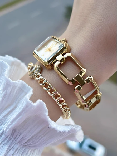 Ferrucci Küçük Vintage Kasa Çelik Kordon 2 Yıl Garantili 3 Atm Kadın Kol Saati+Bileklik FY.03603.4 - Resim 3