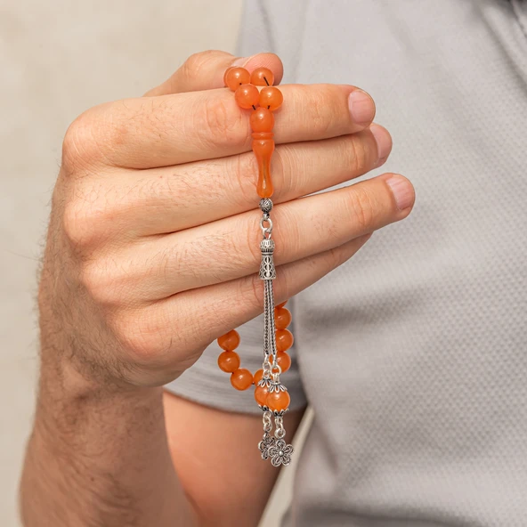 Gümüş Püsküllü Turuncu Yuvarlak Sıkma Kehribar Tesbih - Resim 2