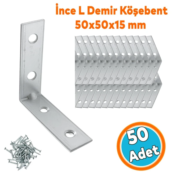 Metal Köşebent 50x50x15 mm (50 ADET) İnce L Demiri Gönye Mobilya Duvar Sabitleme Bağlantı Aparatı ürün görseli 1