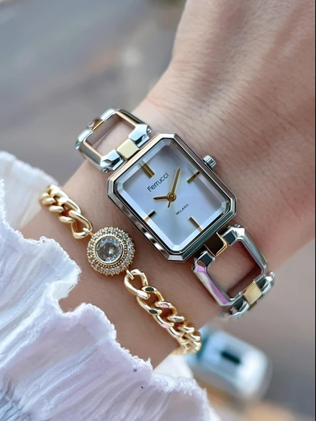 Ferrucci Küçük Vintage Kasa Çelik Kordon 2 Yıl Garantili 3 Atm Kadın Kol Saati+Bileklik FY.03603.2 ürün görseli