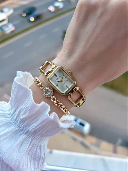 Ferrucci Küçük Vintage Kasa Çelik Kordon 2 Yıl Garantili 3 Atm Kadın Kol Saati+Bileklik FY.03603.4 - Resim 2