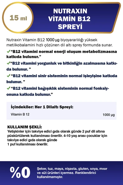 Nutraxin Vitamin B12 Sprey 15 ml - Resim 2