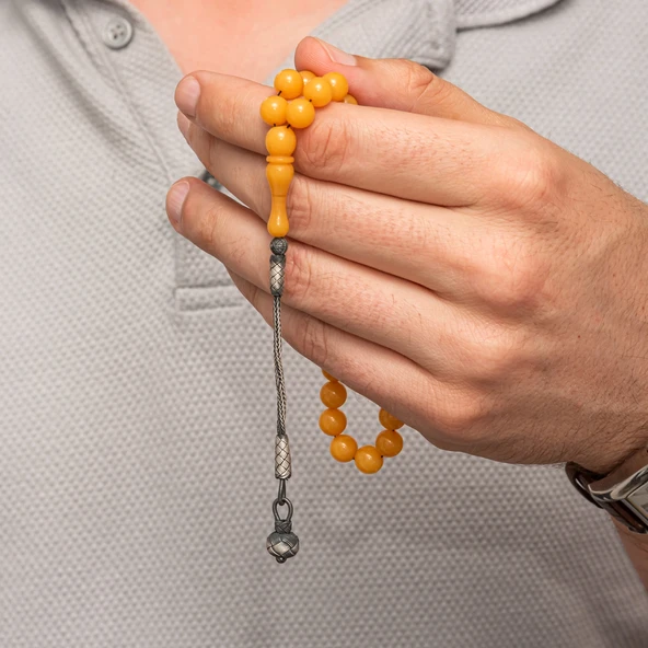 Gümüş Top Kazaz Püsküllü Sarı Yuvarlak Sıkma Kehribar Tesbih - Resim 4