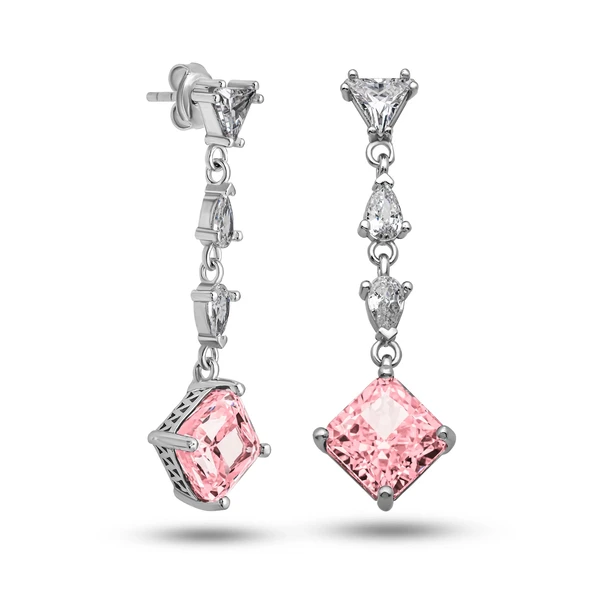 Gümüş Ice Cut Pembe Zirkon Taşlı Işıltılı Kadın Küpe ürün görseli