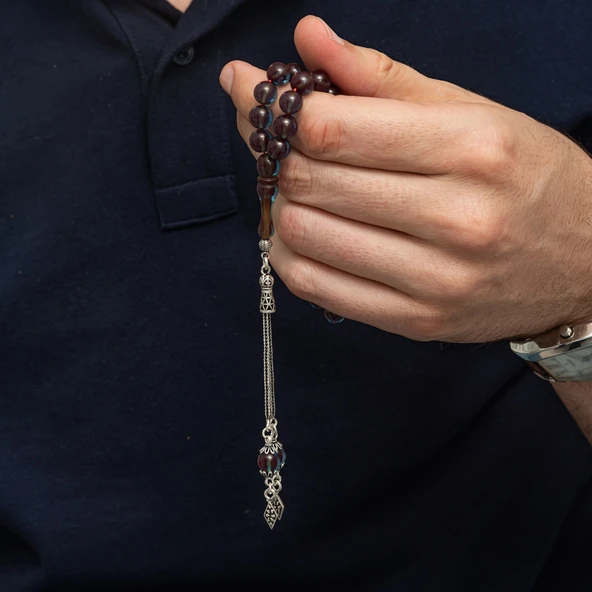 Gümüş Püsküllü Deniz Mavisi Yuvarlak Sıkma Kehribar Tesbih - Resim 4