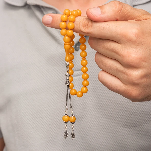 Gümüş Püsküllü Sarı Yuvarlak Sıkma Kehribar Tesbih - Resim 3