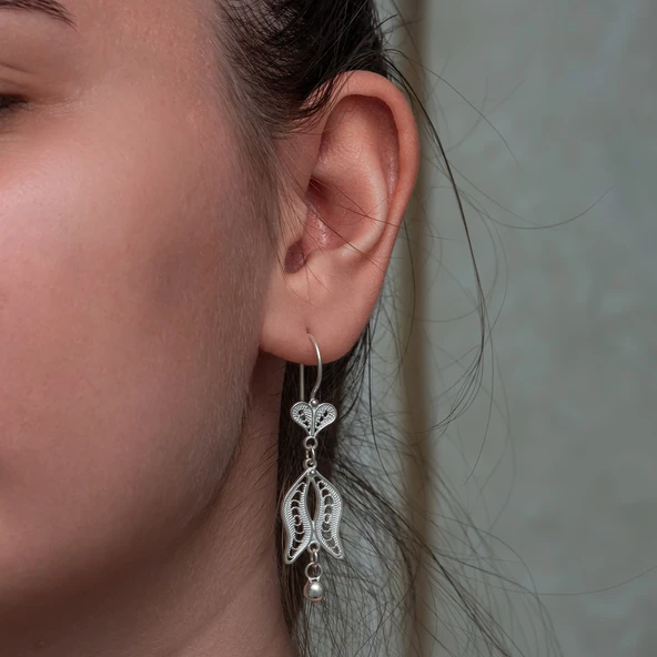 Gümüş Lale Motifli Telkari Kadın Küpe - Resim 2