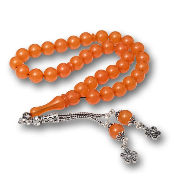 Gümüş Püsküllü Turuncu Yuvarlak Sıkma Kehribar Tesbih ürün görseli