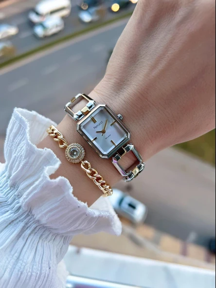 Ferrucci Küçük Vintage Kasa Çelik Kordon 2 Yıl Garantili 3 Atm Kadın Kol Saati+Bileklik FY.03603.1 - Resim 3