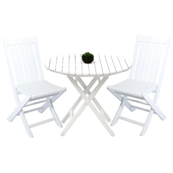 Bahçeme Avşa Ahşap Bahçe Takımı Beyaz - 90lık Yuvarlak Masa + 2 Sandalye Katlanır Balkon Set - Resim 2