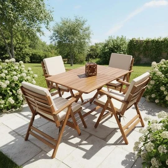 Bahçeme Antalya Katlanır Ahşap Bahçe Balkon Seti Beyaz: 80x160 Masa + 4 Düz Minderli Sandalye - Resim 5