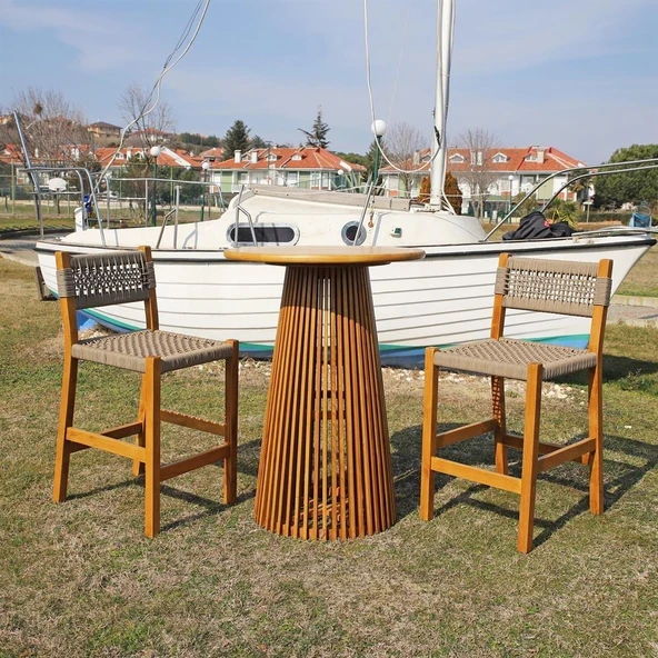 Bahçeme Taksim Bar Tipi Ahşap Bahçe Takımı: 80lik Yuvarlak Masa + 2 Sandalye - Masif Kestane ürün görseli 1