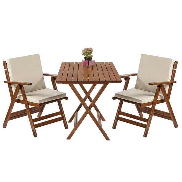 Bahçeci London 2li Düz Minderli Set - Katlanır Ahşap Bahçe Balkon Takımı - 60x60 Masa + 2 Sandalye - Resim 2