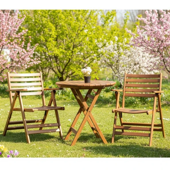 Bahçeme Antalya Katlanır Ahşap Bahçe Balkon Takımı: 90lık Masa + 2 Sandalye - Resim 2