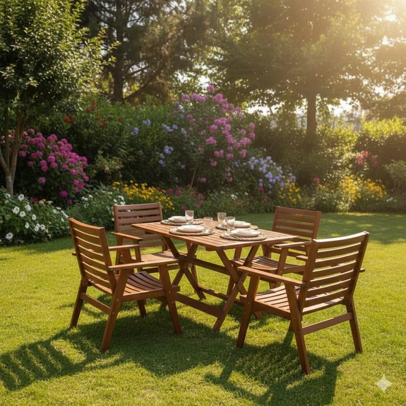 Bahçeme Heybeli LX Katlanır Ahşap Bahçe Takımı: 80X140 Masa + 4 Sandalye - Resim 2