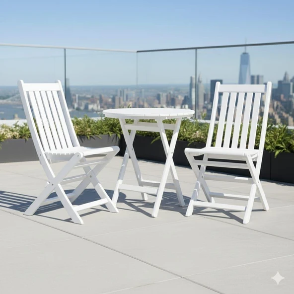 Bahçeme Avşa Ahşap Bahçe Takımı Beyaz - 90lık Yuvarlak Masa + 2 Sandalye Katlanır Balkon Set ürün görseli 1
