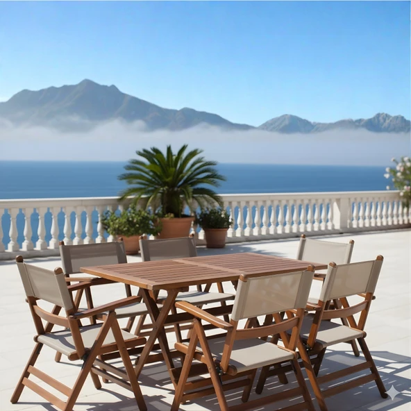 Bahçeme Marmaris LX PVCli Ahşap Bahçe Balkon Seti: 80x140 Masa + 4 Sandalye Katlanır Takım - Resim 3