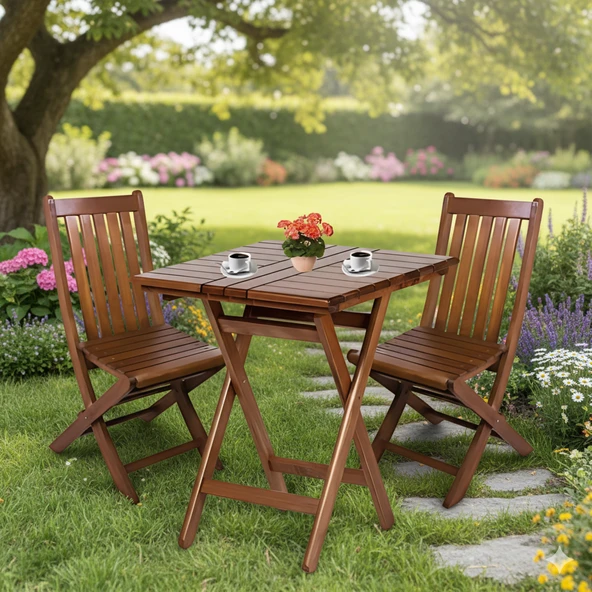 Bahçeme Avşa Ahşap Bahçe Takımı - 80x80 Masa + 2 Sandalye Katlanır Balkon Set ürün görseli