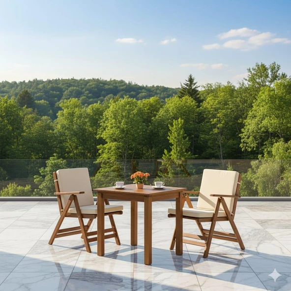 Bahçeme Antalya Ahşap Bahçe Takımı: 70x70 Sabit Masa + 2 Düz Minderli Katlanır Sandalye - Resim 3