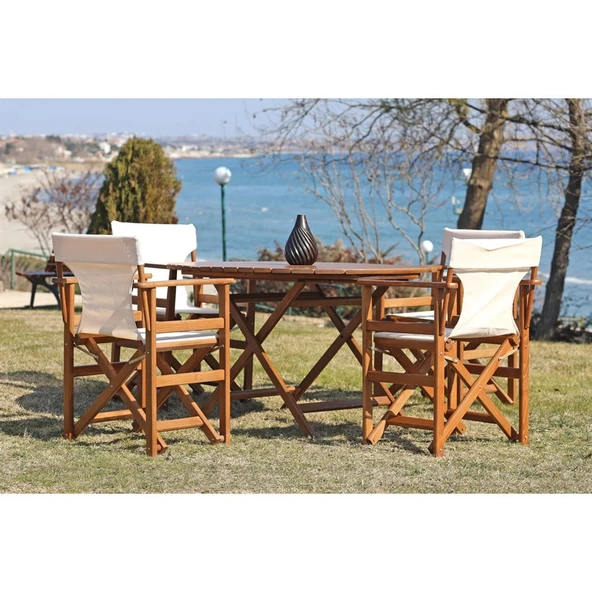 Bahçeme Yönetmen Katlanır Ahşap Bahçe Balkon Takımı: 90lık Yuvarlak Masa + 4 Sandalye - Resim 3