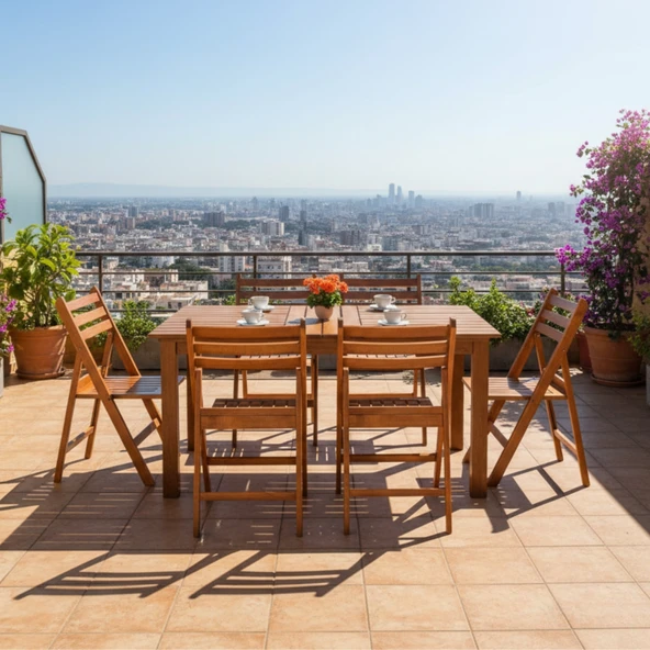 Bahçeme Albatros Ahşap Bahçe Balkon Takımı: 80x140 Sabit Masa + 4 Katlanır Sandalye - Resim 2