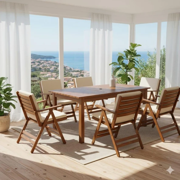 Bahçeme Antalya S Ahşap Bahçe Balkon Seti: 80x160 Masa +6 Sandalye 2+2+1+1 - Resim 5