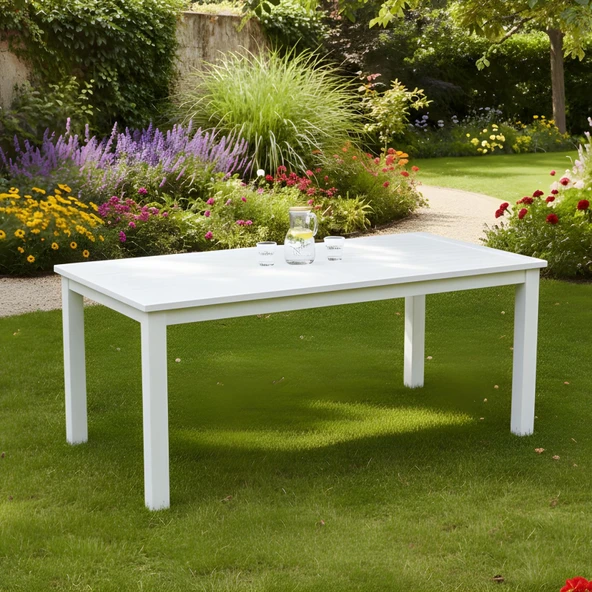 Bahçeme Bodrum 90X160 Sabit Ayaklı Ahşap Masa - Beyaz Renk Teras Balkon Bahçe Masası - Resim 3