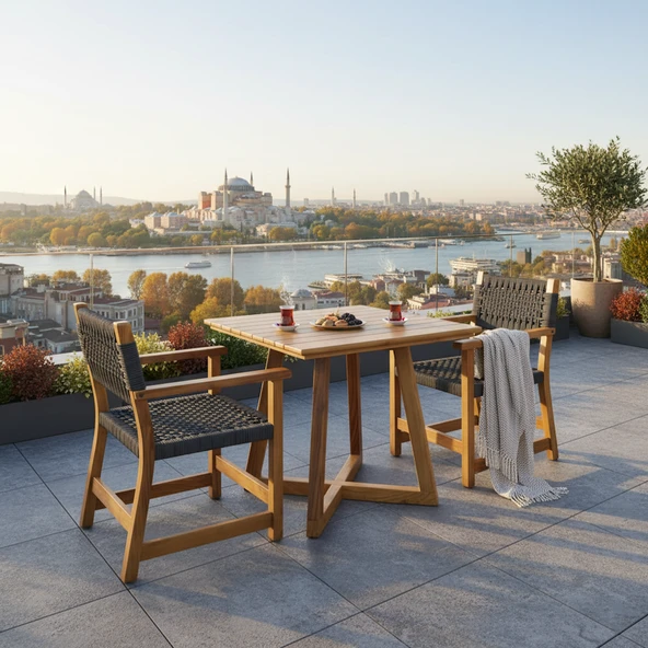 Bahçeme Gökçeada Ahşap Bahçe Takımı: 85X85 Masa + 2 Sandalye - Masif Kestane ürün görseli 1