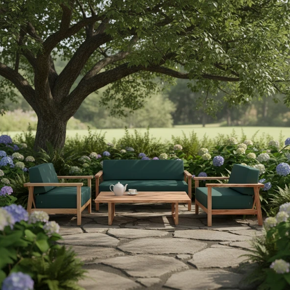 Bahçeme Üsküdar (Malaga) Ahşap Oturma Grubu Minderli - Masif Kestane 5 Kişilik Koltuk Takımı ürün görseli 1