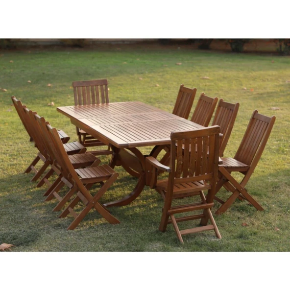 Bahçeme Avşa Side Ahşap Bahçe Balkon Takımı: 100x200 + 100 cm Uzayan Masa & 10 Katlanır Sandalye - Resim 4