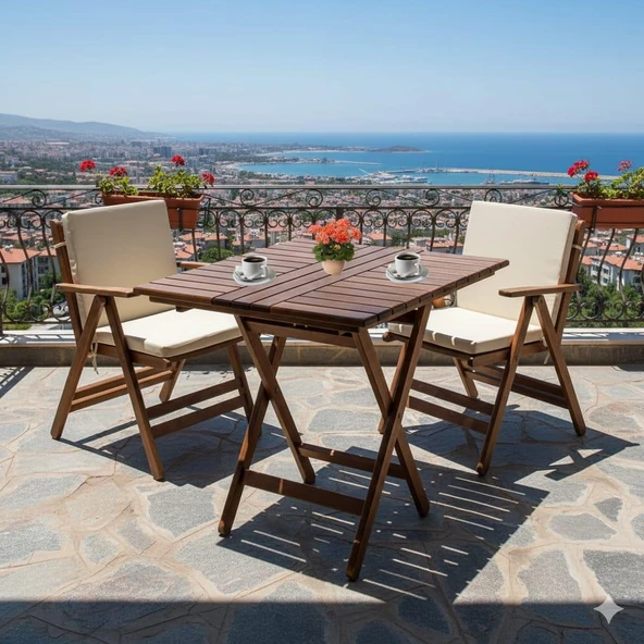 Bahçeme Antalya Katlanır Ahşap Bahçe Balkon Seti: 80x80 Masa + 2 Düz Minderli Sandalye ürün görseli 1