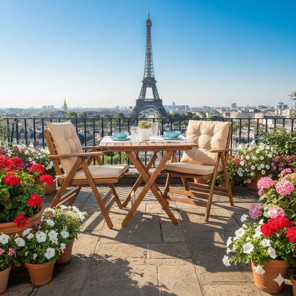 Bahçeme Antalya Katlanır Ahşap Bahçe Balkon Takımı: 80x80 Masa + 2 Minderli Sandalye ürün görseli