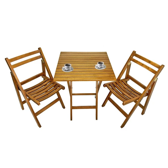 Bahçeme Burgaz Katlanır Ahşap Bahçe Balkon Takımı: 60x60 Masa + 2 Sandalye - Resim 2