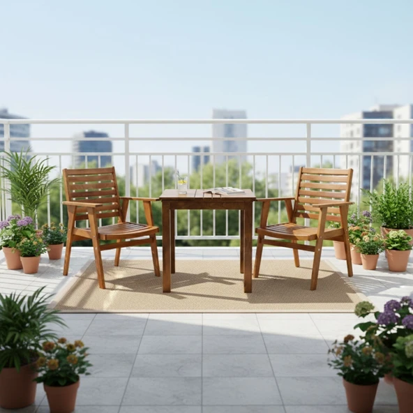 Bahçeme Heybeli Ahşap Bahçe Balkon Seti: 70X70 Sabit Masa + 2 Katlanır Sandalye - Resim 2