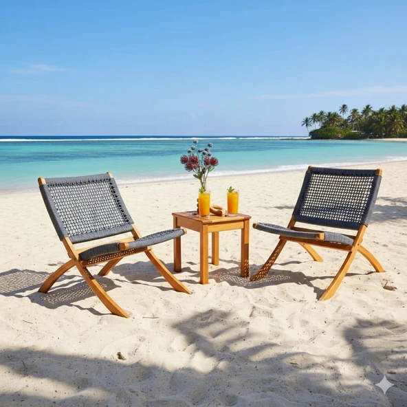 Bahçeme Kandilli Şezlong Tipi Sandalye Takımı: 40x40 Sehpa + 2 Sandalye - Plaj Havuz Başı Bahçe Set - Resim 2