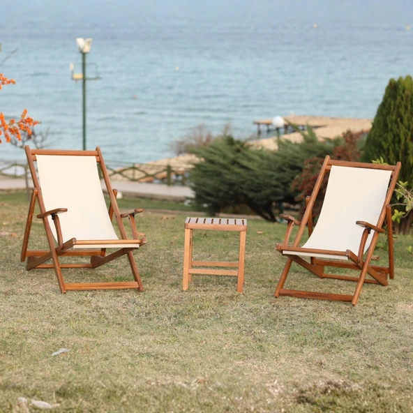 Bahçeme Belek Ahşap Şezlong - Kolçaklı, 4 kademeli, PVC Gerdirme Kumaş - Plaj Havuz Bahçe Şezlongu - Resim 4