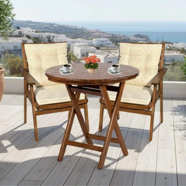 Bahçeme Heybeli Katlanır Ahşap Bahçe Balkon Seti: 90lık Masa + 2 Düğme Minderli Sandalye ürün görseli 1