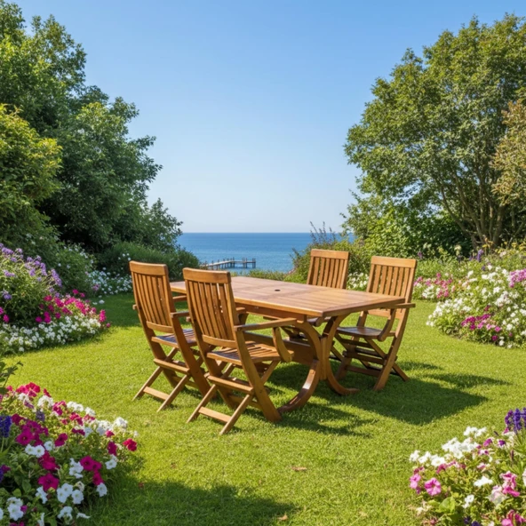 Bahçeme Muğla Ahşap Bahçe Takımı: 70x120 +40 cm Uzayan Masa + 4 Katlanır Sandalye ürün görseli 1