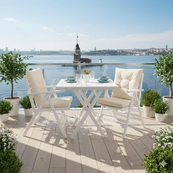 Bahçeme Antalya Katlanır Ahşap Bahçe Balkon Takımı Beyaz: 80x80 Masa + 2 Minderli Sandalye - Resim 2